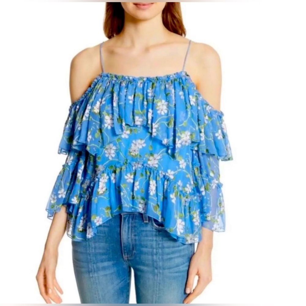 Alice and Olivia Tia Silk Blend‎ Floral Cold Shoulder Ruffle Top - XS